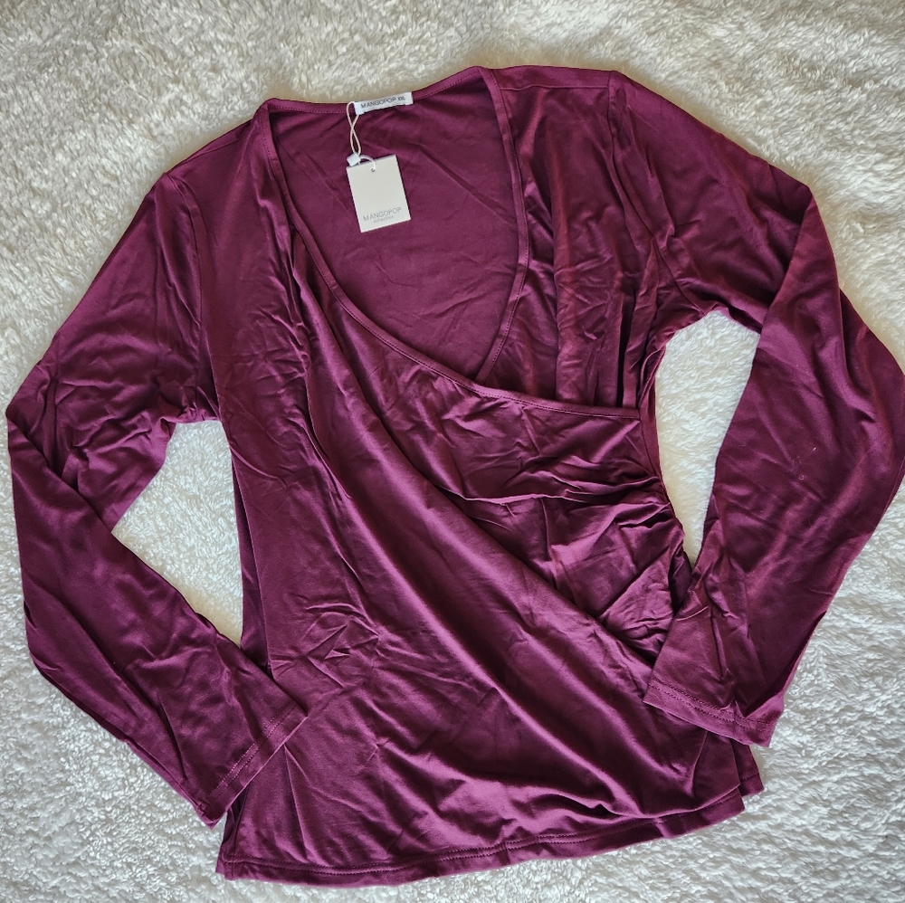 Womens XXL Burgundy Long Sleeve Top Cross Wrap Ruched